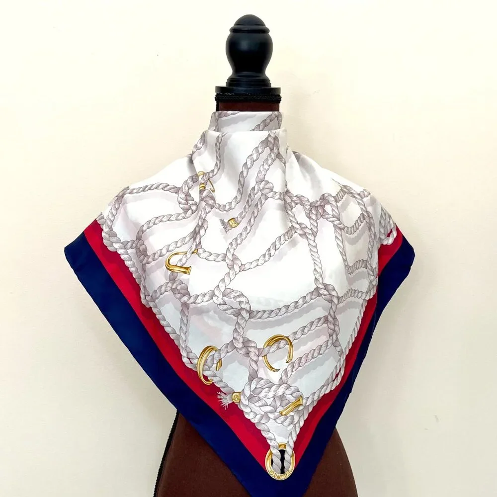 New Gucci Scarf GG Logo Ropes Print Nautical Style Silk Wrap